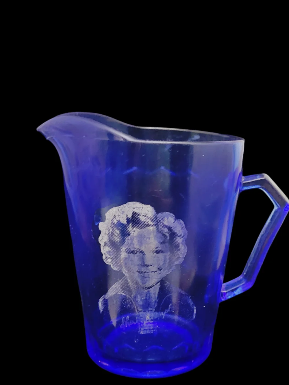 Vintage 1930s Hazel Atlas Shirley Temple Cobalt Blue Etched Glass Milk Pitcher